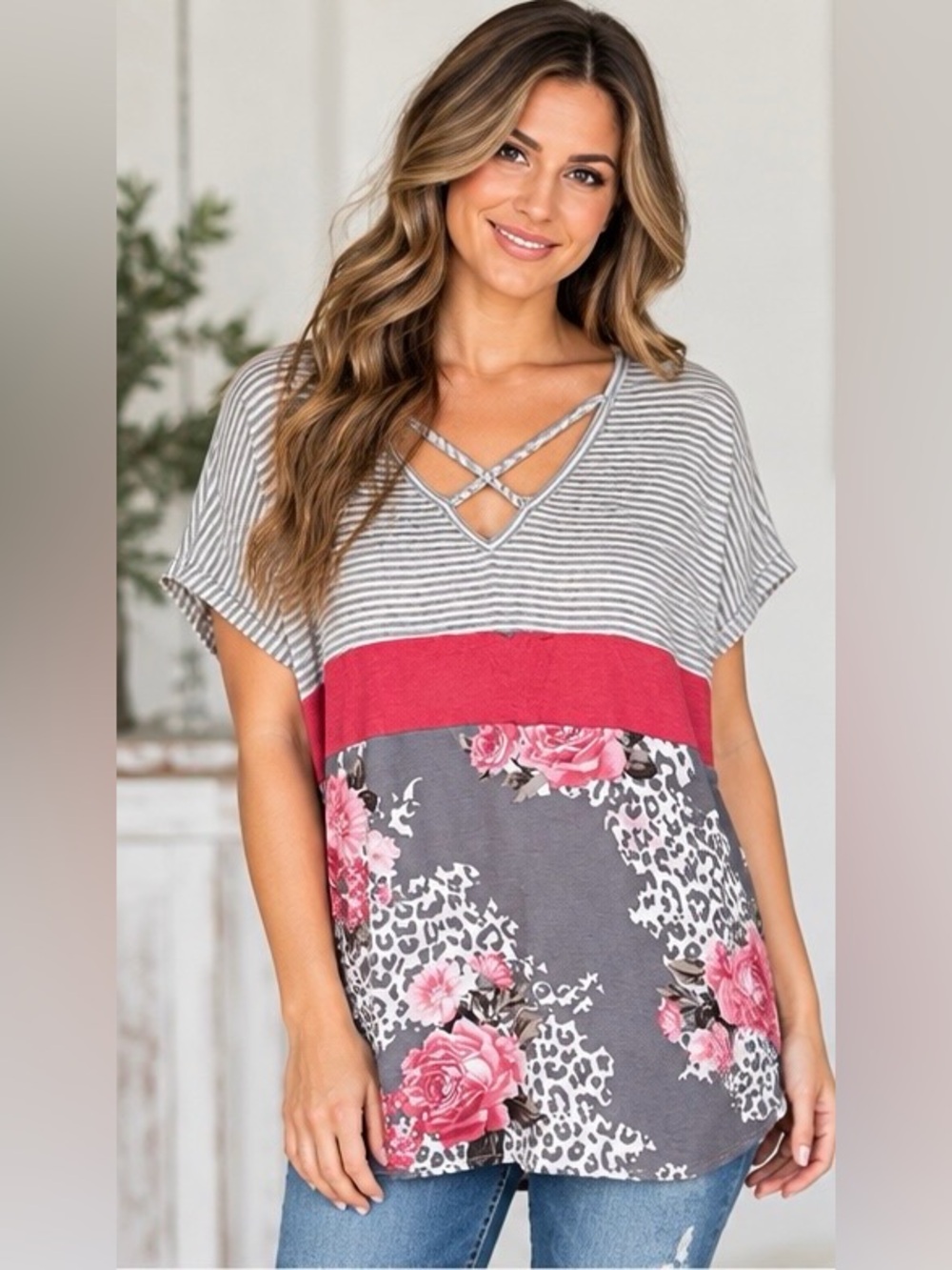 Avery Gray Striped Top with Coral Band & Pink Floral Panel NWOT